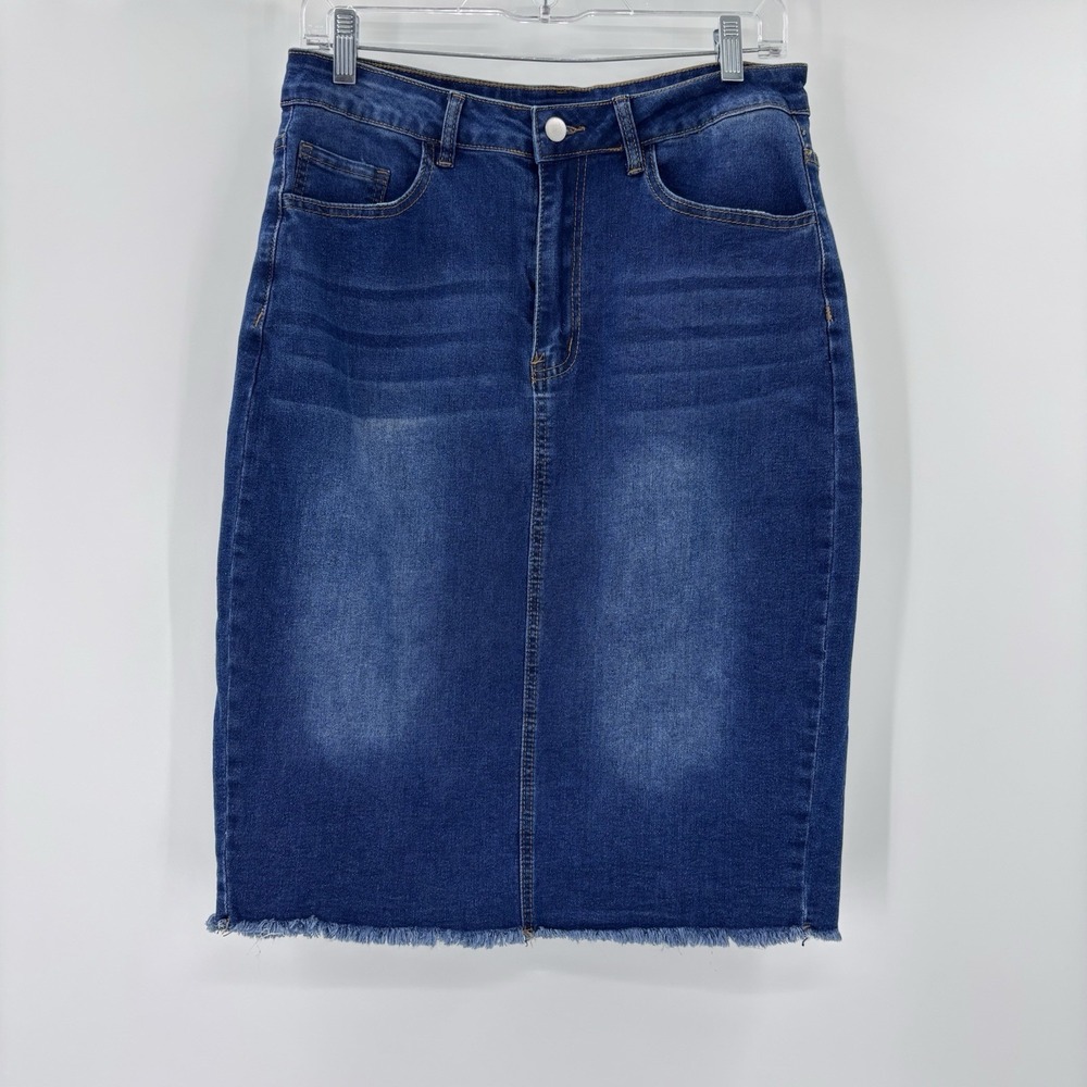 Denim High Waist‎ Raw Hem Midi Skirt Womens OXL Slim Fit Y2K  Pockets Stretch